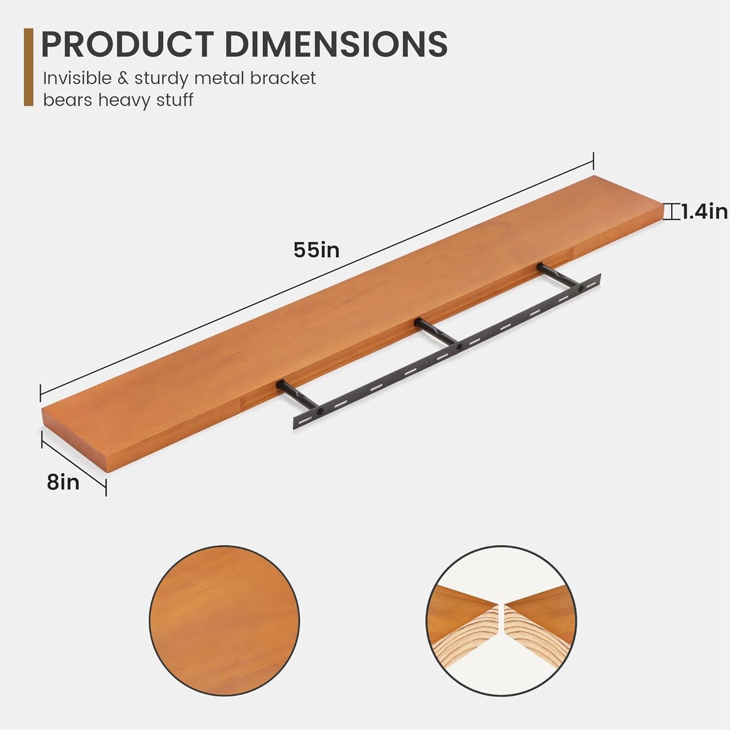 Fun Memories 55 Inches Floating Shelves - 8 Inch Deep Rustic Solid Pine Wood Wall Shelves for Storage - Farmhouse Wall Mounted for Living Room - Heavy-Duty Metal Bracket - 55" W x 8" D - Honey