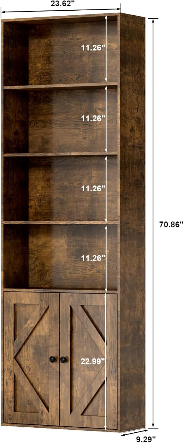 Tall Brown Wooden Bookshelf with Cabinet and Doors – 70.86" Bookcase with Doors, 6 Shelf Freestanding Tall Book Shelf for Living Room Storage, Bedroom, Home Office Organization – Brown Bookcase Wood