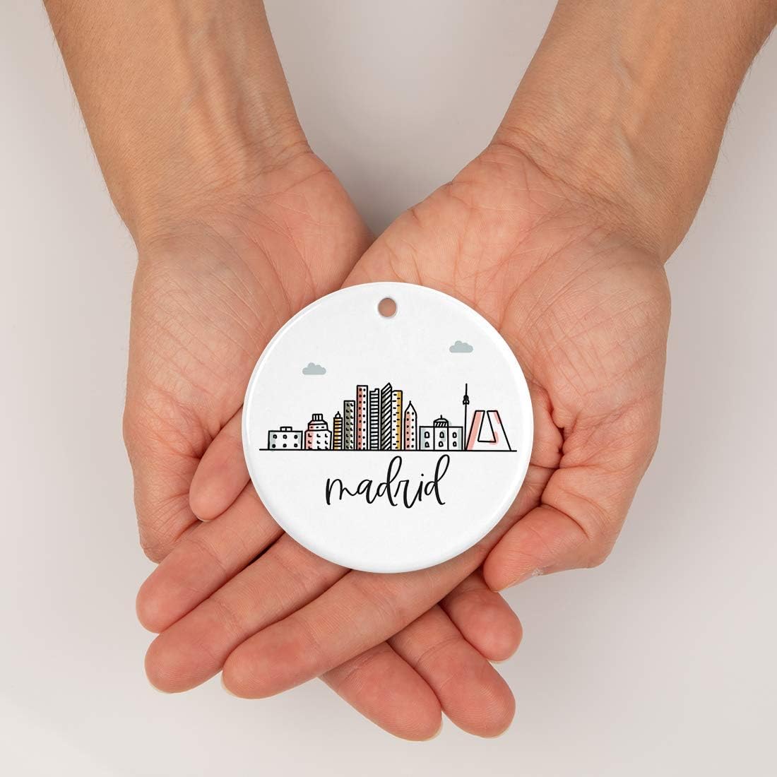 Andaz Press Round Ceramic Porcelain Christmas Tree Ornament Keepsake Gift, Madrid, Colorful International City Skyline Graphic, 1-Pack, Birthday Ideas Family Coworker Him Her, Gift Box