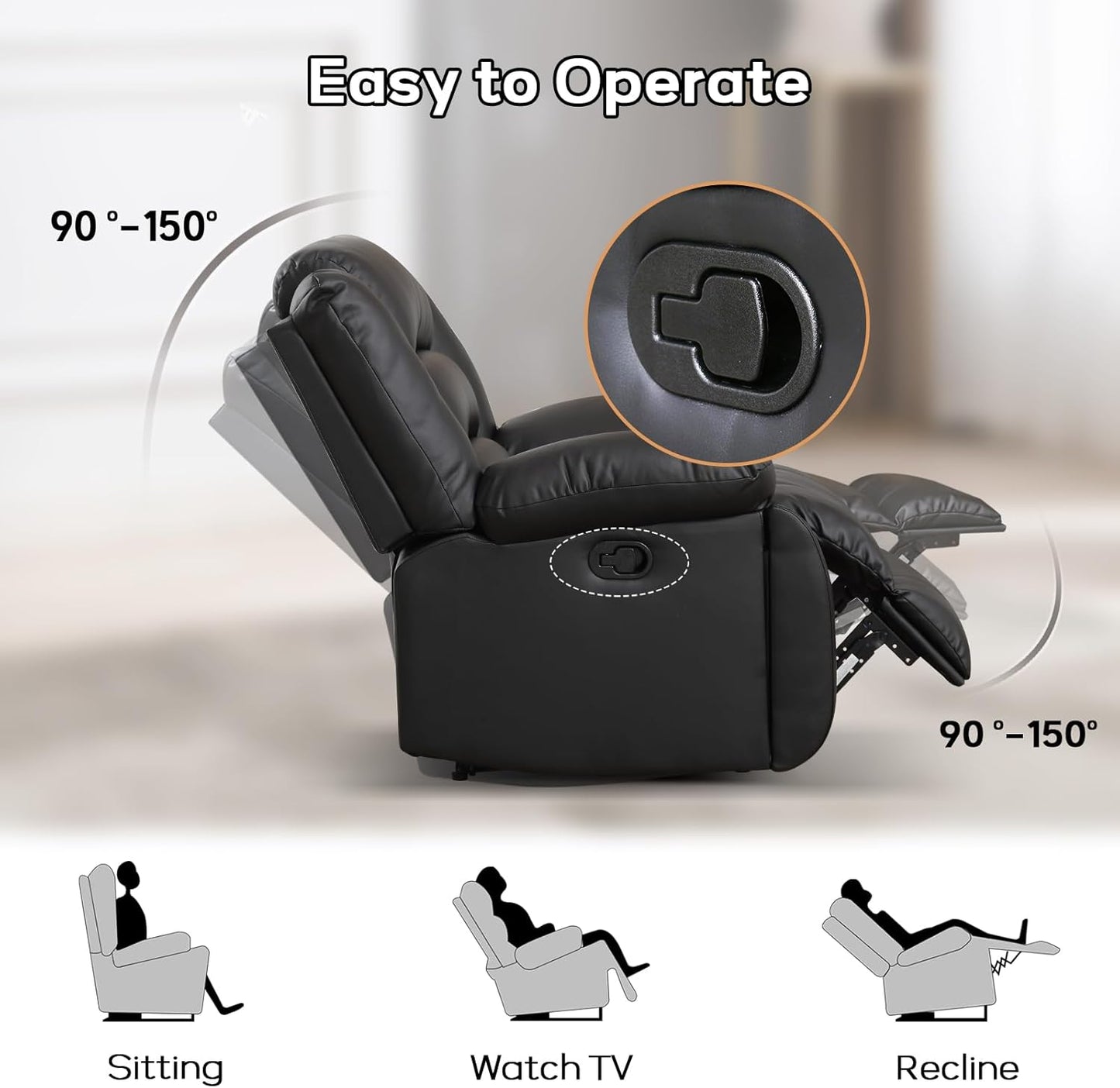 EBELLO Faux Leather Manual Recliner Chair, Single Reclining Sofa Chair Couch with 2 Concealed Cup Holders, Overstuffed Armrest Backrest for Living Room, Bedroom, Meeting Room, Black