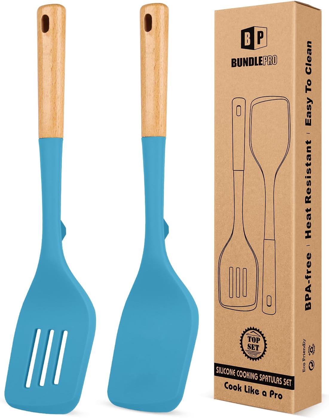 Pack of 2 Large Silicone Spatula, Heat Resistant Solid Turner, Non Stick Slotted Spatulas with Wooden Handle, Ideal Kitchen Utensils for Flipping, Pancakes, Eggs, Fish(BLUE)