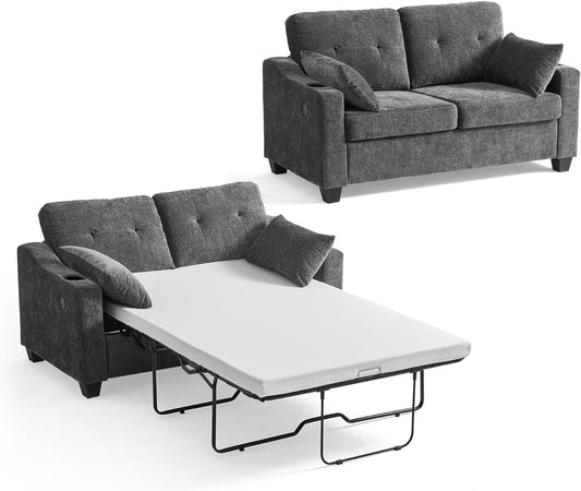 CHIC HOUSE Pull Out Sofa Bed, Full Size Sleeper Sofa, 2-in-1 Convertible Chenille Couch with USB Charging, Memory Form Couch for Living Room, Apartment & Small Space (Dark Grey, Chenille - Full)