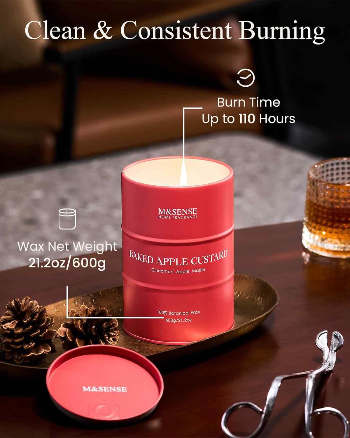 M&SENSE Baked Apple Scented Candles Large, Natural Soy Candles 21.2oz 120 Hour Slow Burning,Aromatherapy Candle for Stress Relief Meditation Relaxing