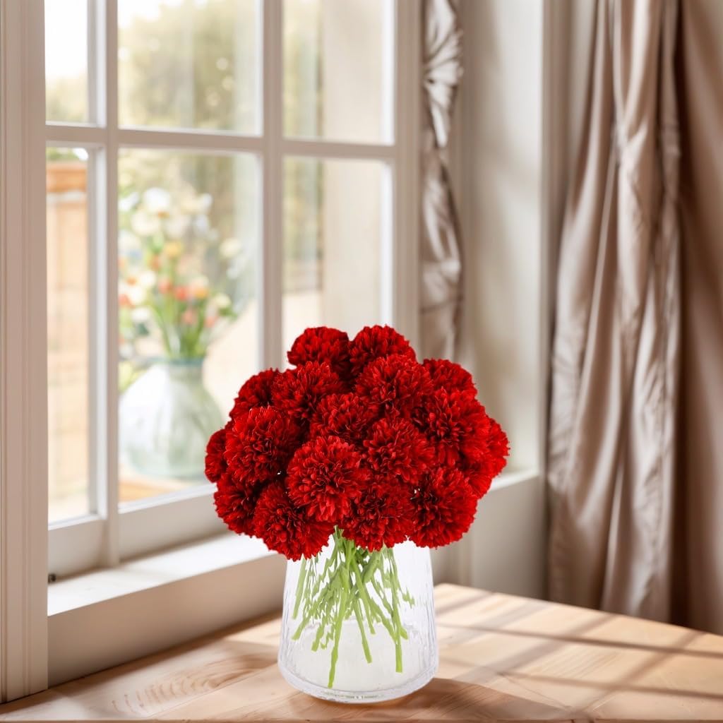Kimura's Cabin 20pcs Fake Mums Flowers Artificial Silk Chrysanthemum Hydrangeas Ball for Wedding Arrangements Home Kitchen Party Table Centerpieces DIY Bouquets (Red)