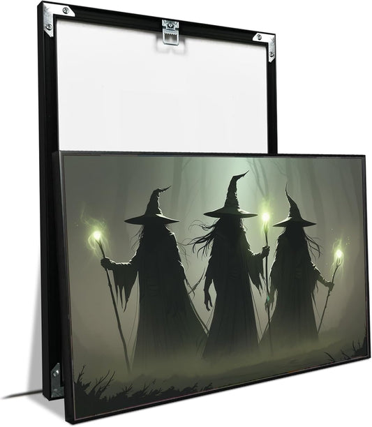 JFHCQJPK Vintage 3 witches canvas wall decor melancholy dark Halloween poster wall decor holding a staff print Gothic horror Halloween painting print for living room bedroom24x36in Metal blackFramed