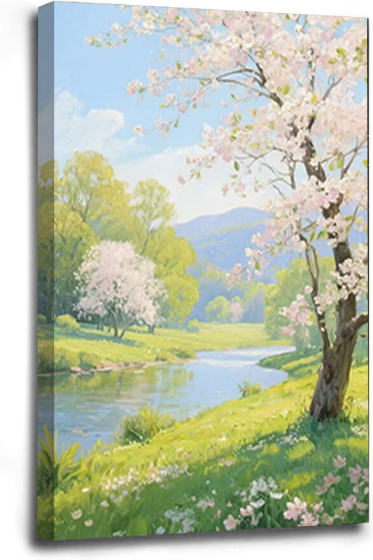 The scenery of a stream between trees and cherry blossoms under the blue sky is suitable for posting in the living room bedroom office landscape posters