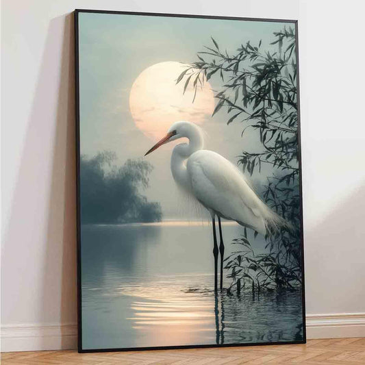 White Heron Wall Art Watercolor Heron Print Vintage Crane Bird Pictures Japanese Crane Painting Watercolor Bird Artwork Sunset Abstract Wall Art Coastal Living Room Decor 16x24inch No Frame