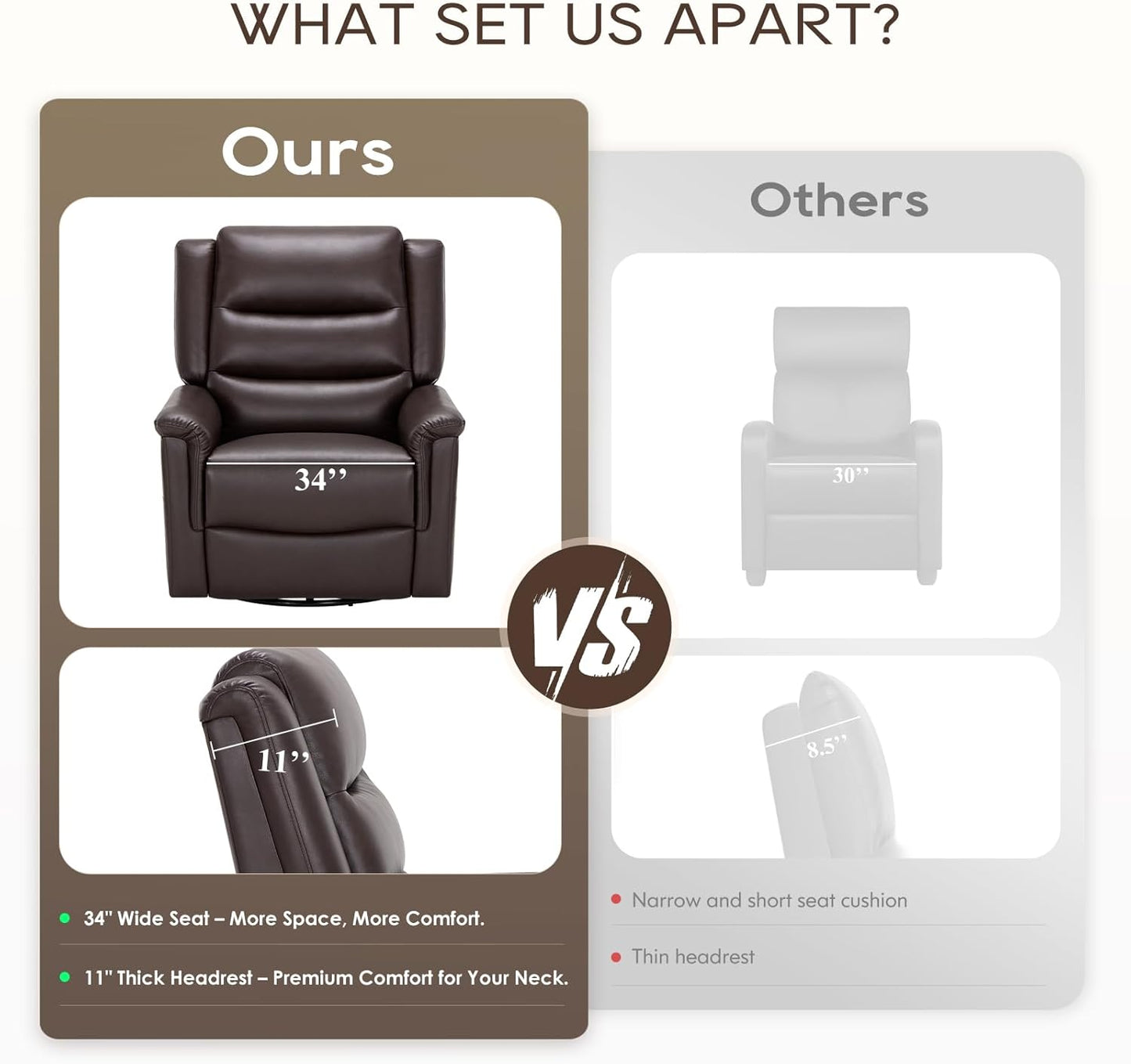 COLAMY Oversized Leather Recliner Chair, 360°Swivel Rocking Manual Recliner with Thick Cushioned Padding Backrest and Wide Seat - Darkbrown