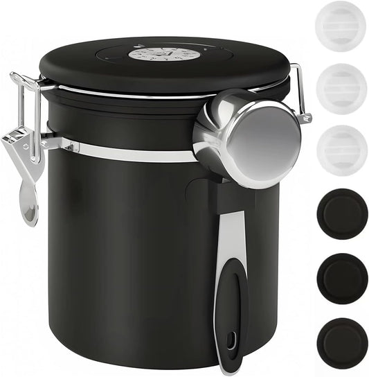 ShanSon Coffee Canister Airtight Coffee Container Stainless Steel Coffee Bean Storage Container with Scoop Coffee Canister for Beans Grounds Sugar Flour Tea Cereal,16OZ, Black