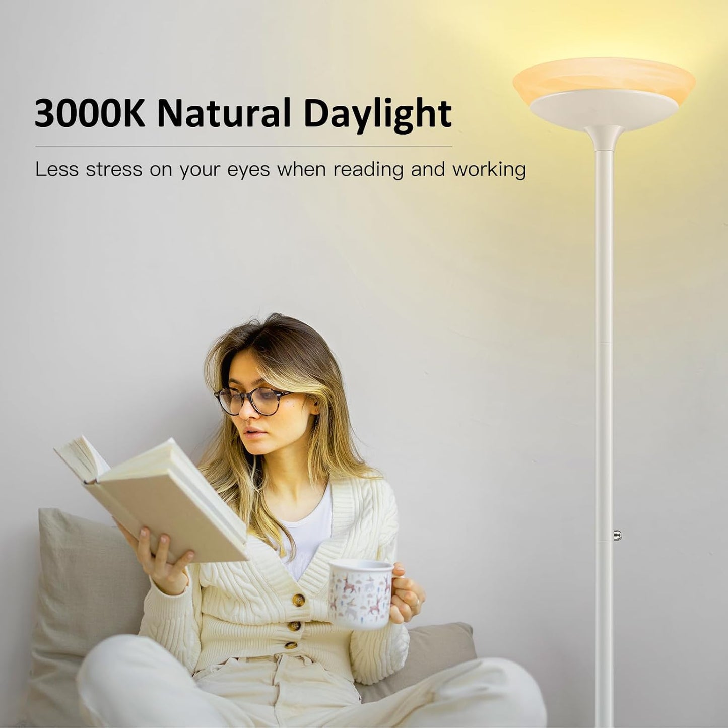 BoostArea Torchiere Floor Lamp, 24W Super Bright LED Standing Lamp, Stepless Dimmable Pole Lamp with 3000K Lighting, Glass Lampshade, 71Inch Tall Metal Modern Floor lamps for Living Room/Bedroom White