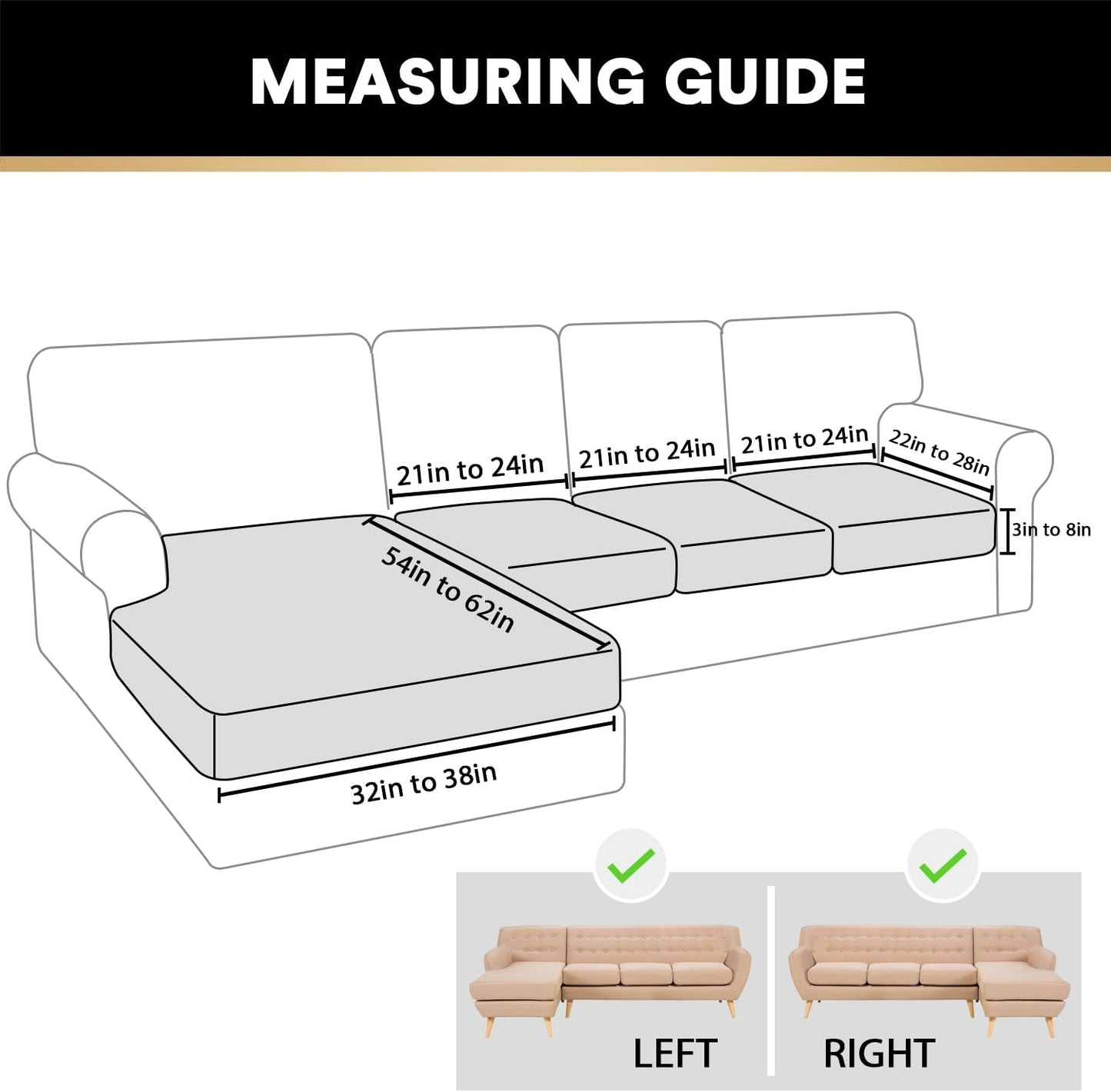 PrinceDeco 4-Piece Sectional Couch Cover Set - Thick Chaise & Couch Cushion Covers with Elastic Band for L-Shape Sofa, 3 Seater + 1 Chaise, Stone Blue