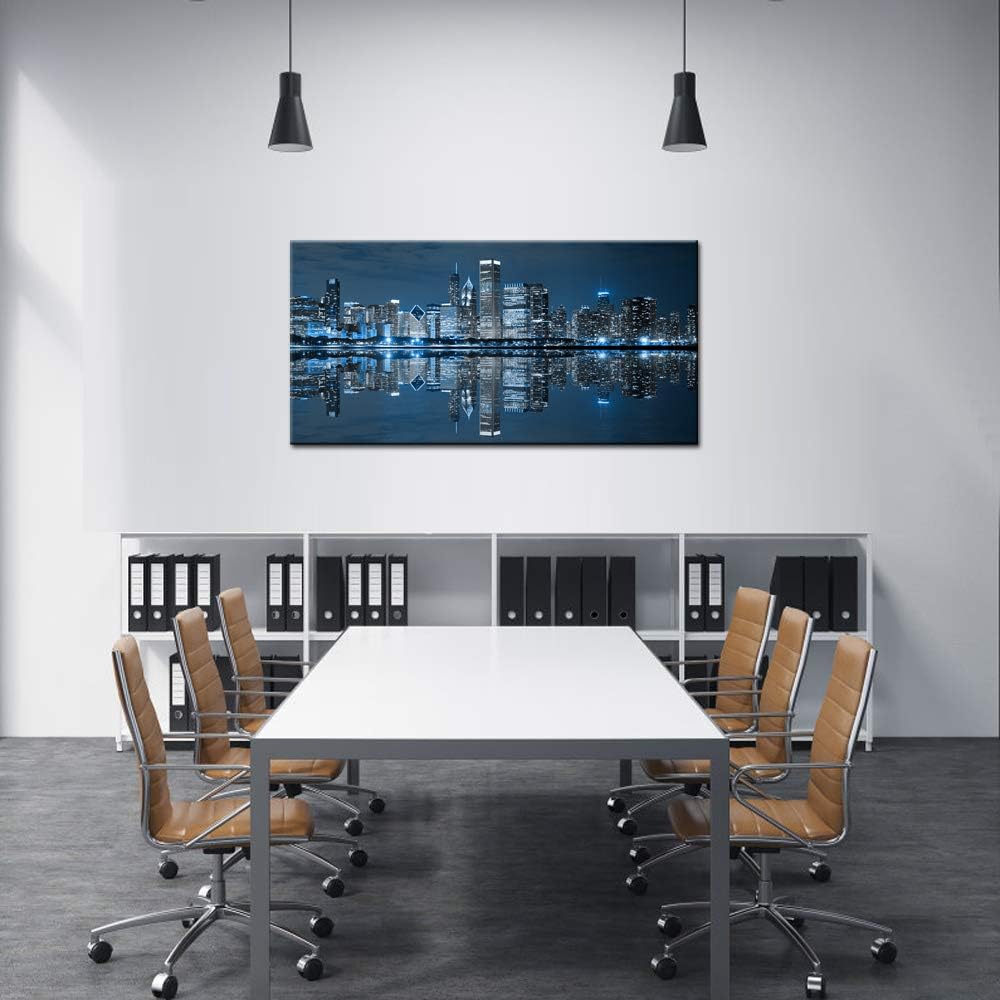 LevvArts Modern City Wall Art Chicago Downtown at Night Picture Print on Canvas Building Artwork for Office Living Room Wall Decoration