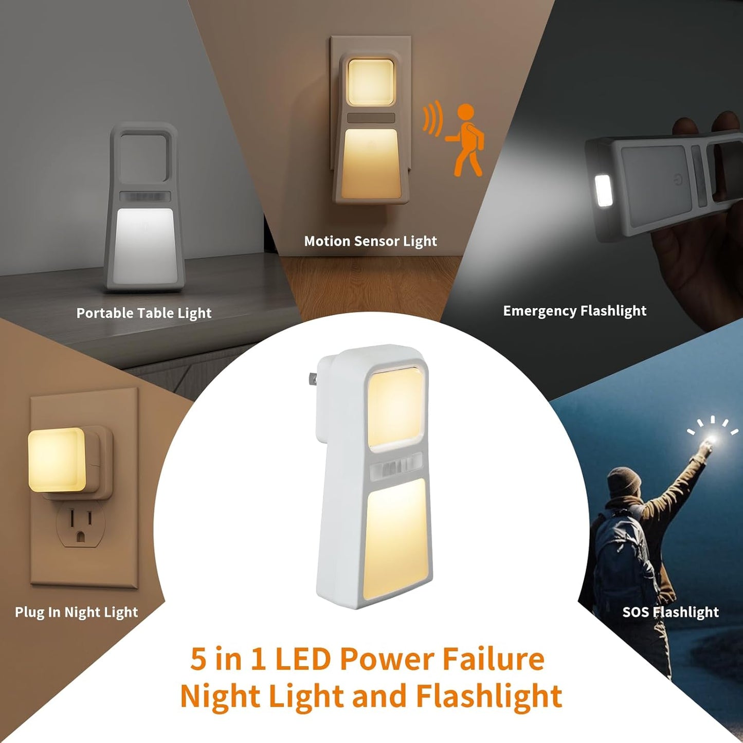 Dawnrise 2 Pack 5-in-1 Power Failure Night Light, Multifunctional Rechargeable Motion Sensor Night Lights, Plug in Night Lights, Emergency Lights for Home, Flashlights for Blackout,Hurricane