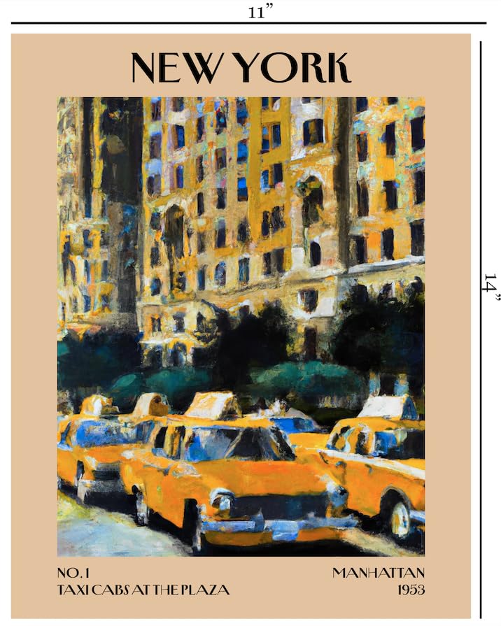 Retro Vintage New York Wall Art Print - 11x14 Unframed Poster - New York City Souvenirs, Cute Trendy Colorful Wall Decor (Taxi Cabs at the Plaza, 11x14")