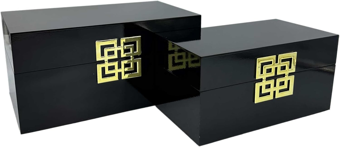 Galt International Storage Box Set Decorative Storage Box w/Hinged Lid Classic Design Wood Decor Boxes with Geometric Clasp Storage for Bedroom & Home - Set of 2 (Black & Gold)