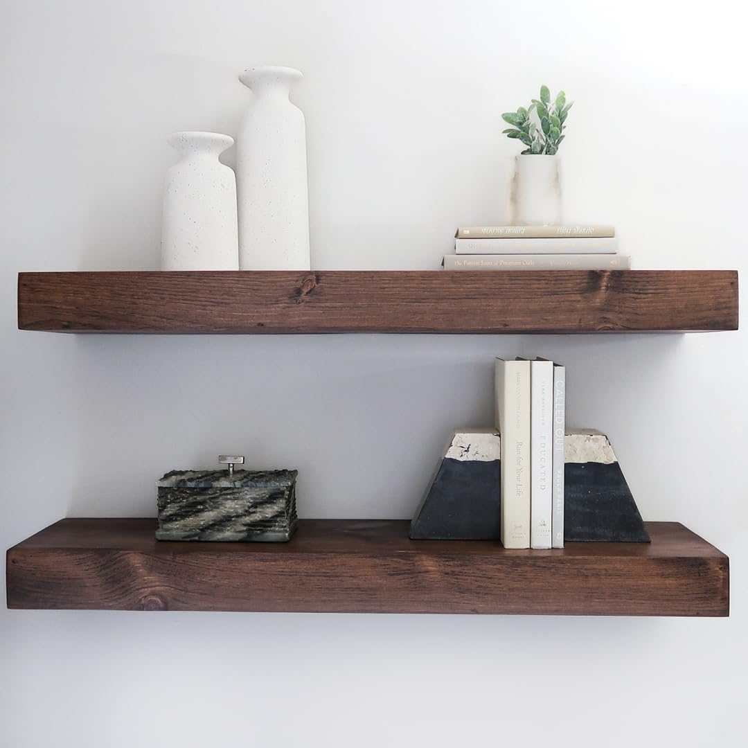 Modern Floating Shelves 3 Inches Thick for Wall, Wide Shelves for Kitchen, Living Room, Bedroom, and Bathroom, Natural Pine Wood, Rustic Wooden Shelf, (Set of 2) (Provincial, 36Lx3Hx8D)