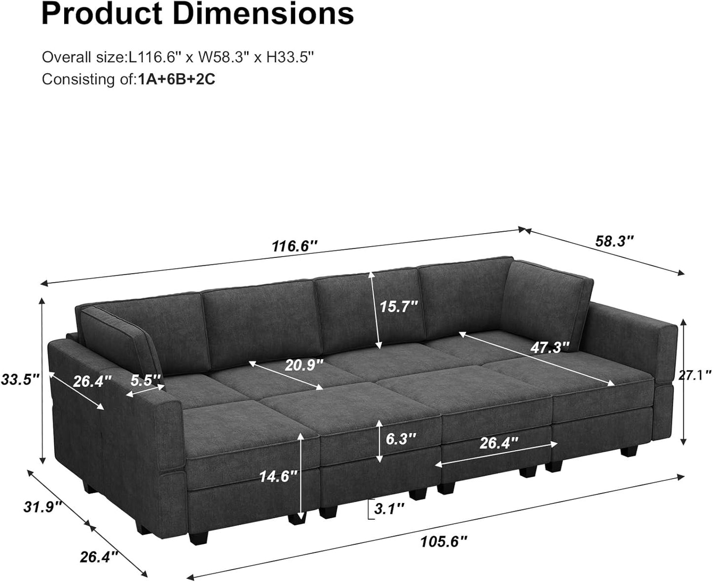 Belffin Modular Sectional Sleeper Sofa Bed Convertible Sectional Couches for Living Room. Dark Gery Couch
