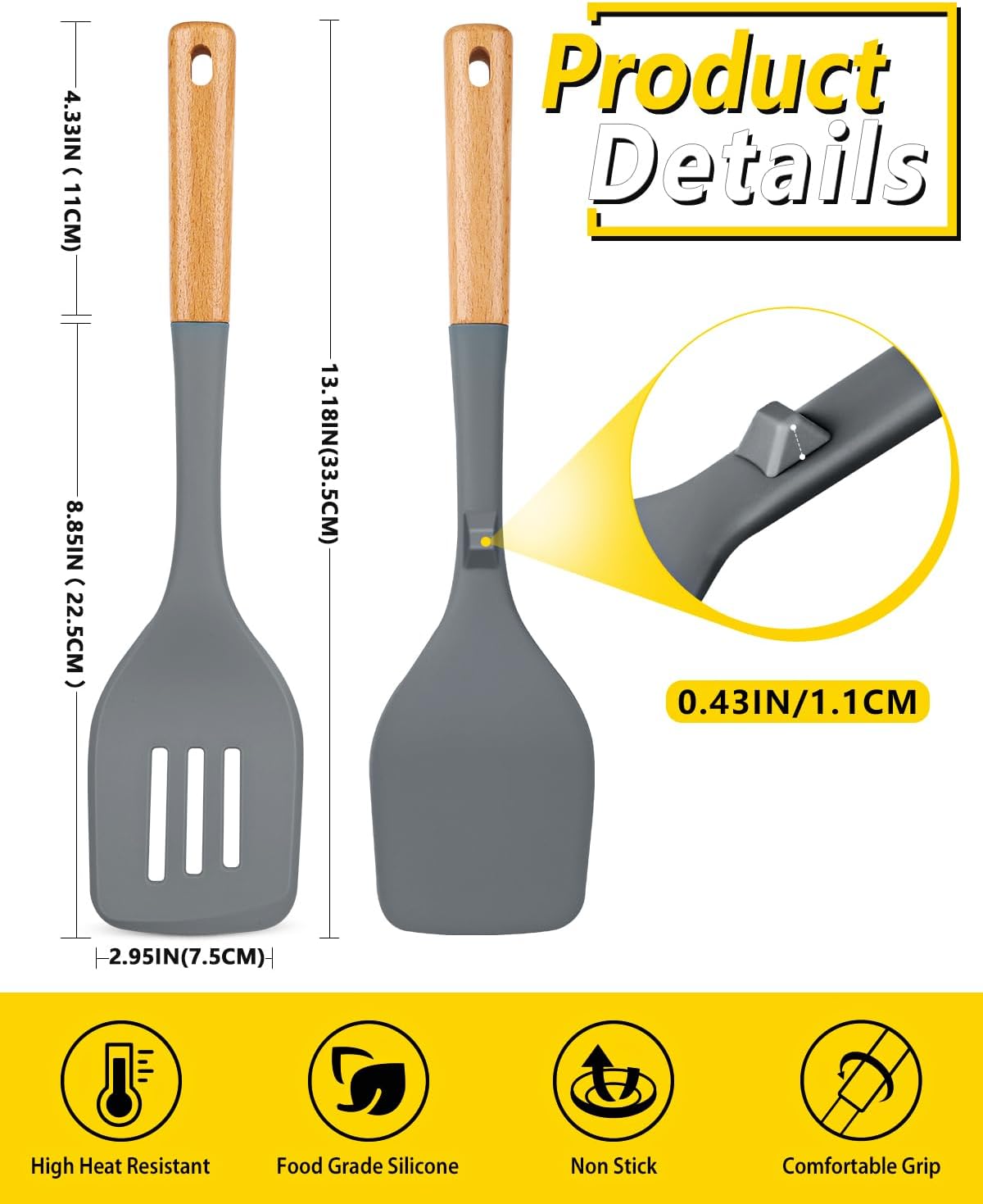 Pack of 2 Large Silicone Spatula, Heat Resistant Solid Turner, Non Stick Slotted Spatulas with Wooden Handle, Ideal Kitchen Utensils for Flipping, Pancakes, Eggs, Fish(GRAY)