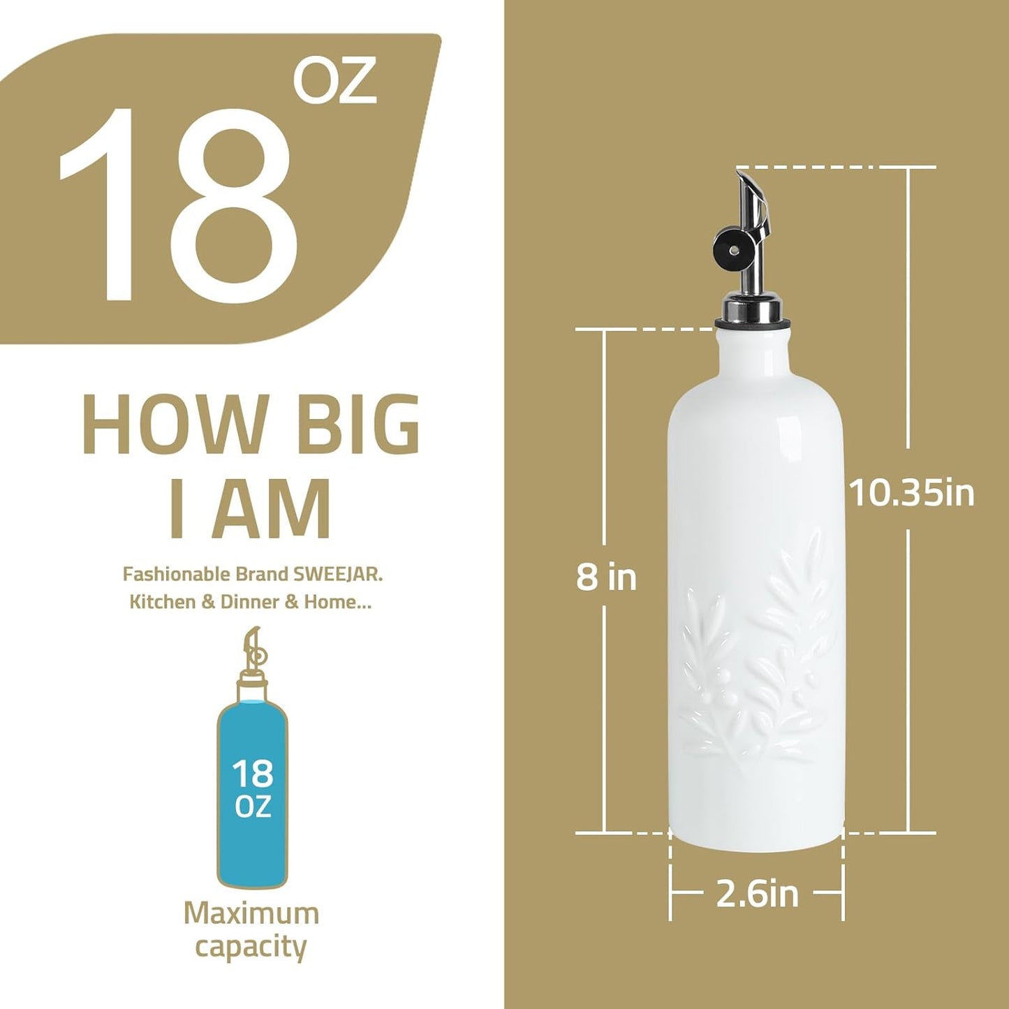 Sweejar 18 Oz Oil Dispenser for Kitchen with Gravity Spout, Ceramic Olive Oil Dispenser Bottle, Relief Opaque Vinegar Container for Evoo, Vinegar, Soy Sauce, Pack of 1(White, Silver Spout)