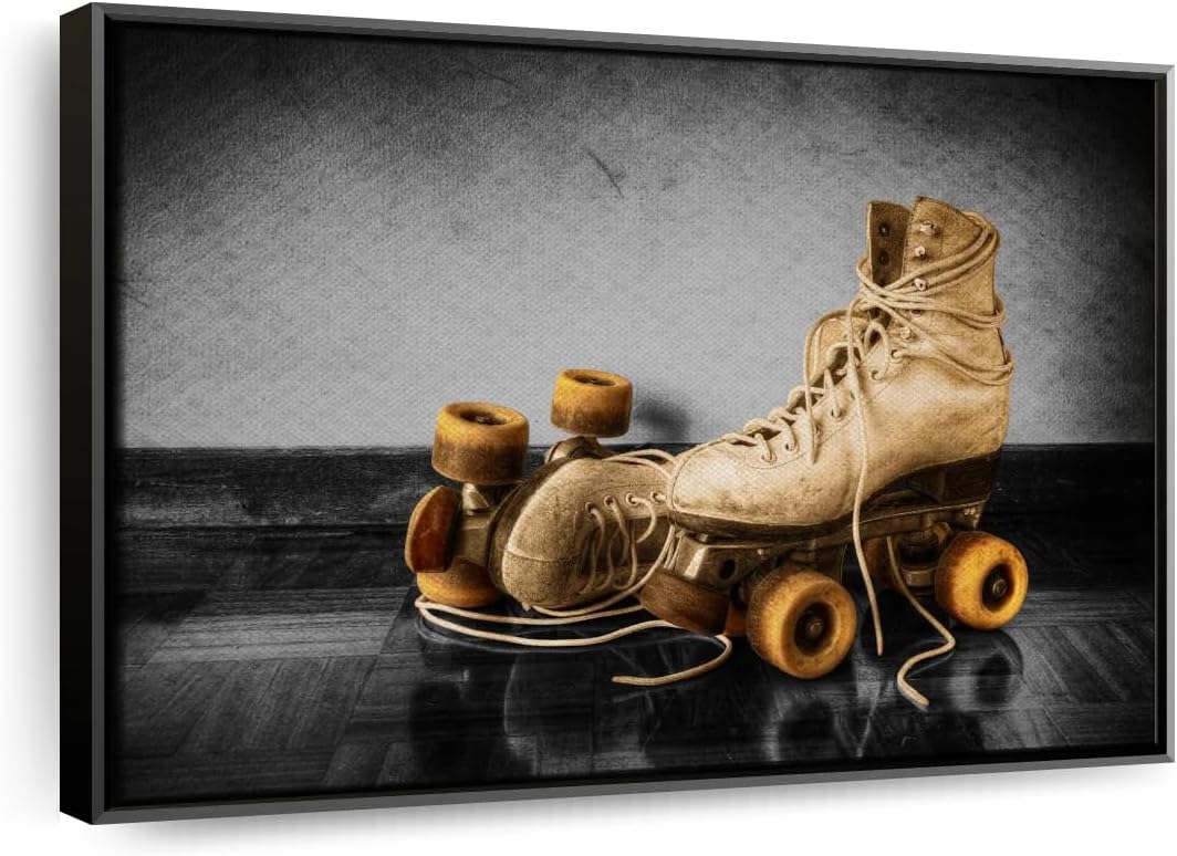 ElephantStock Vintage Skates Pop Wall Art - Horizontal Framed Canvas - 1-Piece Living Room Wall Decor - Sport Photography Canvas Print - Beige and Black Decor for Wall - 13" X 9"