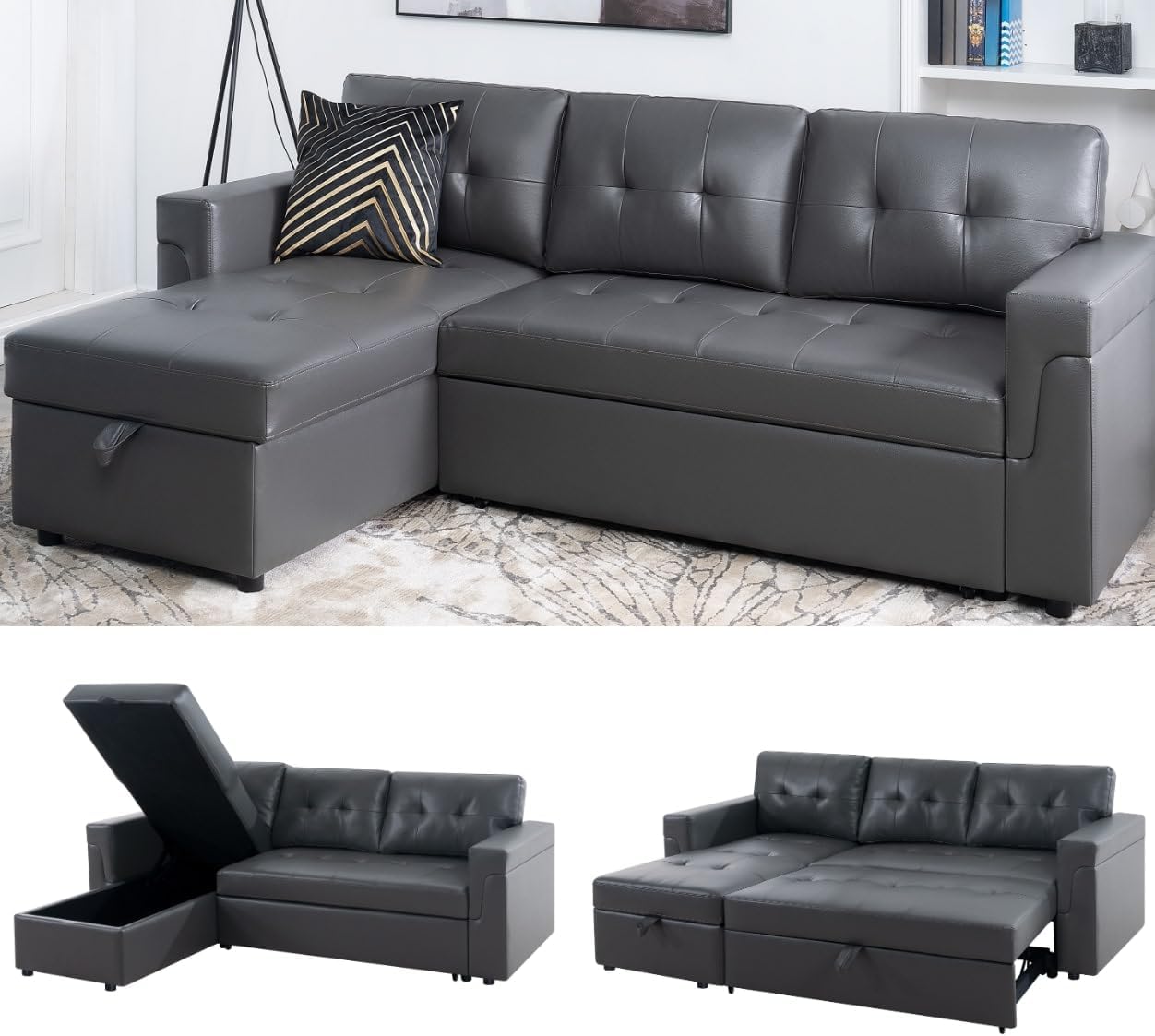 Naomi Home Modern Sectional Sofa with Storage Chaise Gray/Air Leather