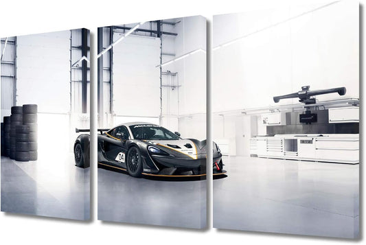 TUMOVO 3 Pieces Black and White Sports Car Wall Art Picture Home Decoration Living Room Canvas Print Painting Wall Picture with Frame and Stretched Ready to Hang - 12 x 24 inch x 3 Panels