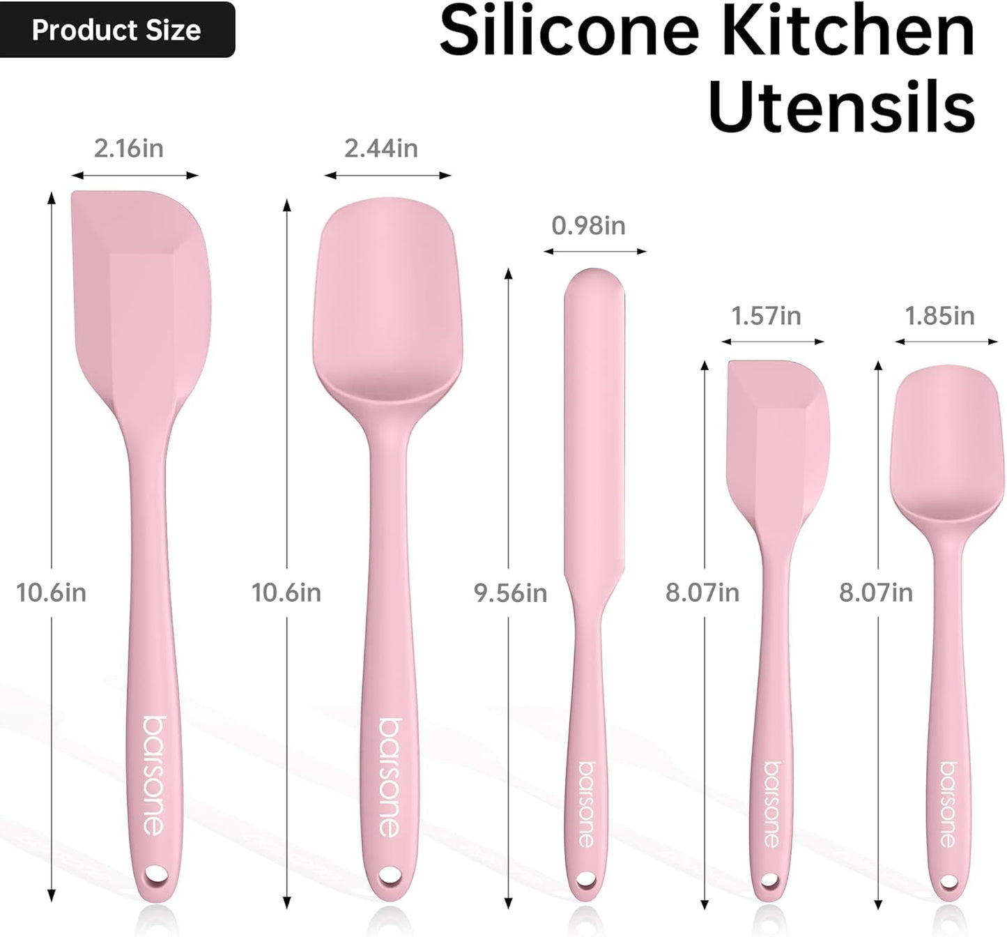 Barsone 5-Piece Silicone Spatula Set（ Heat Resistant 446°F Food Grade BPA Free, Nonstick Cookware Safe Dishwasher Safe Kitchen Tools for Baking, Cooking, Stirring, Pink）