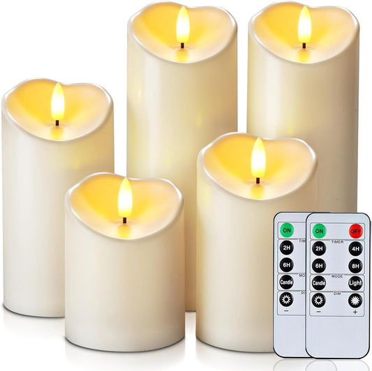 Homemory Outdoor Waterproof Flameless Candles, LED Candles, Battery Operated Candles with Remote and Timers, Electric Fake Plastic Pillar Candles, Ivory White, D3 H4 5" 6" 8" 8", Set of 5