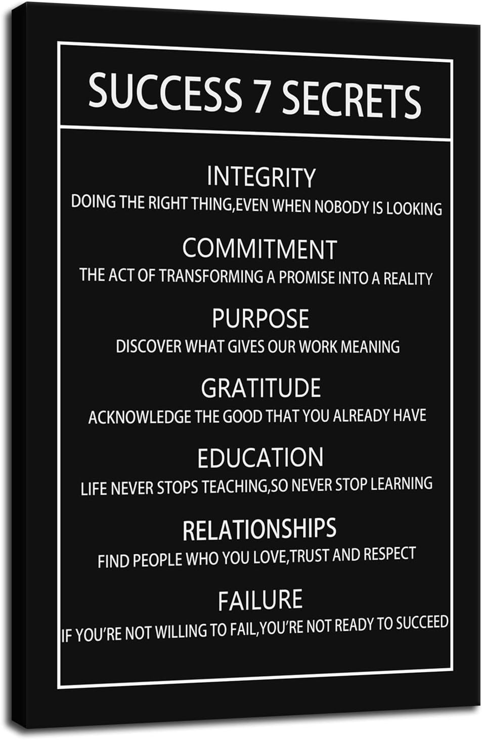 Motivational Canvas Wall Art for Office Inspirational Success 7 Secrets Poster Print Artwork Painting Picture for Framed Home Decoration Living Room Bedroom Ready to Hang [12''W X 18''H]