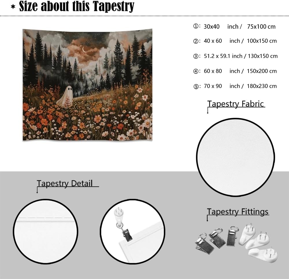 Spooky Fall Forest Art Halloween Tapestry Wall Hanging Cute and Funny Forest Flower Ghost Tapestry for Bedroom Whimsical Dark Academia Aesthetic Tapestries for Home Living Room Decor 40x60inch
