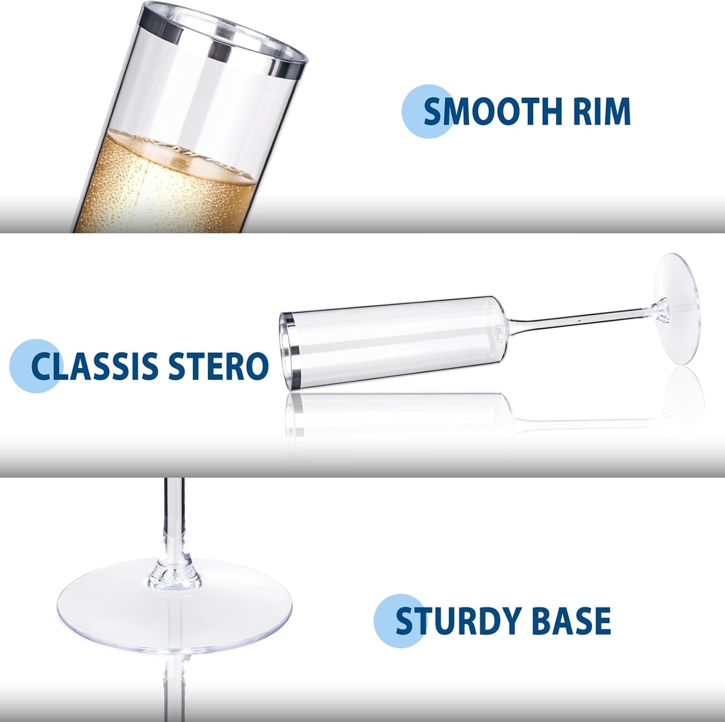 Ciaell 24 Pack Silver Plastic Champagne Flutes - 6 Oz Disposable Champagne Glasses - Square Silver Rim Plastic Toasting Glasses for Party Birthday Anniversary Wedding