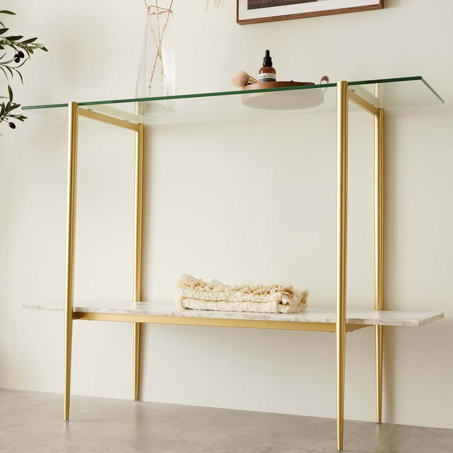 Glass Console Table for Living Room, Foyer & Entrance, 2-Tiers Mid-Century Modern Sofa Table with Clear Glass Top, White Marble Finish Wood Shelf and Gold Finish Frame