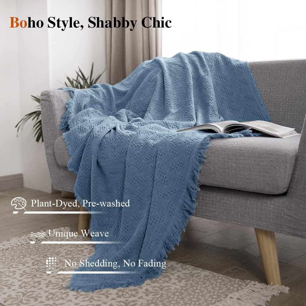 Simple&Opulence 100% Cotton Throw Blanket for Bed, Couch, Boho Luxury Geometric Knit Woven Blanket with Tassels Soft Lightweight Cozy Breathable, Vintage Farmhouse Decoration for All-Season(Blue)