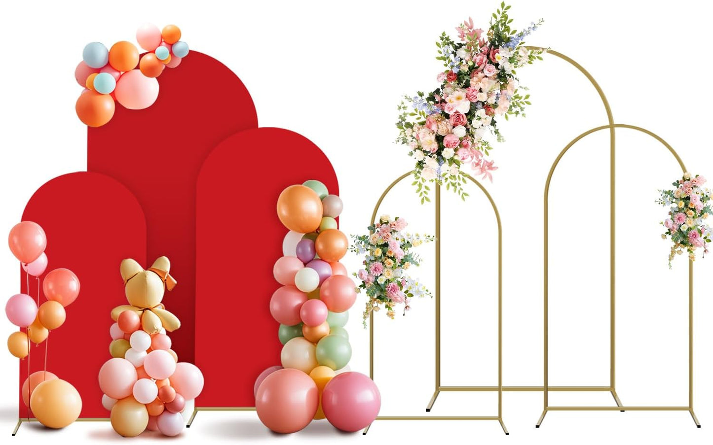 Arch Backdrop Stand and Cover Set, 3 Metal Balloon Arch Backdrop 7.2ft 6.6ft 6ft, Gold Arched Stand Frame for Wedding, Parties,Birthday, Backdrop Decorations (Red,7.2ft+6.6ft+6ft)