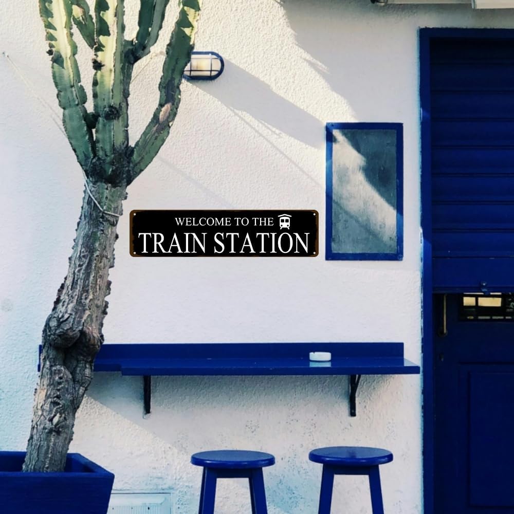 Rustic Train Station Sign Vintage Metal Tin Sign Welcome To The Train Station Signs Train Decor Home Bar Pub Poster Wall Art Decorative 4x16 Inch