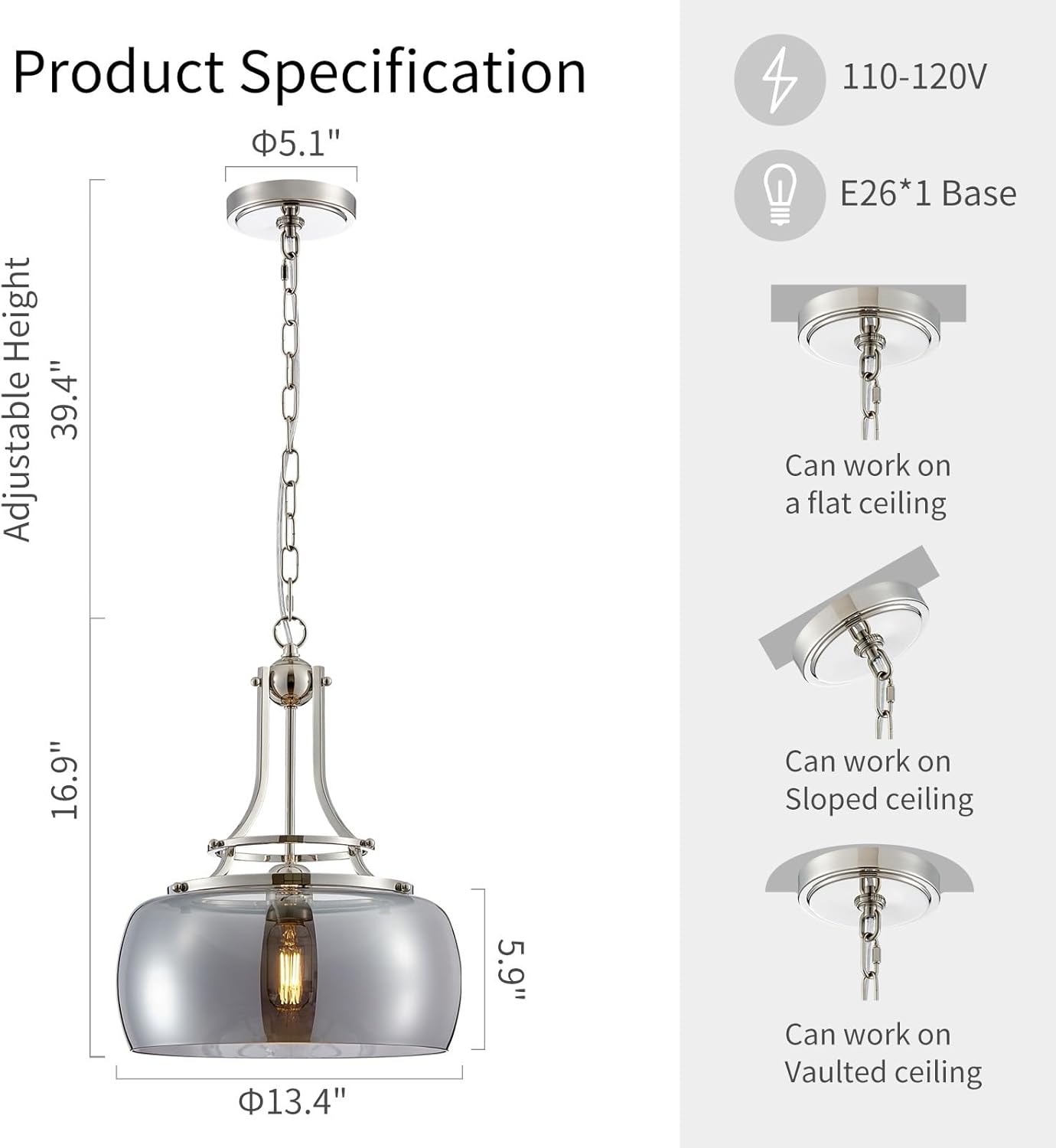 WUZUPS Nickel Chandelier Rustic Farmhouse Industrial Round Ceiling Pendant LED Light Fixture with Electroplated Gray Glass Shade for Dining Room Kitchen Island Foyer Entryway, H 17" W 13.4", E26 Base