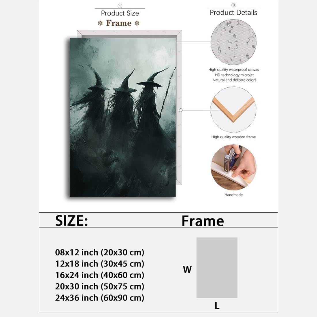 Gothic Witchs Horror Halloween Wall Art,Three Witches in Moody Forest Painting Wall Decor,Autumn Spooky Witches Forest Canvas Printing For Gallery Living Room Bedroom,12"x18" Framed