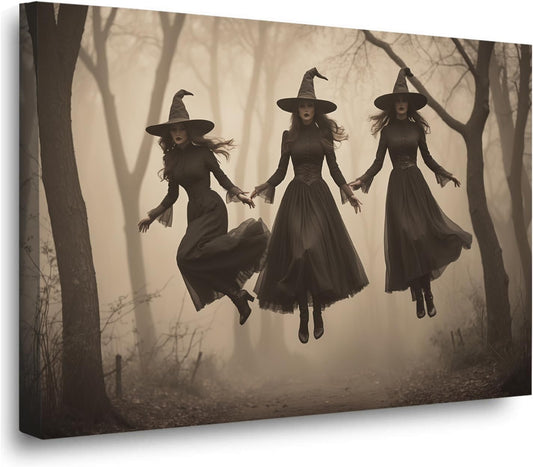 Three ghost witches flying in vintage forest gothic wall art witchcraft decoration holiday gift canvas wall art print24x36in Wood Framed