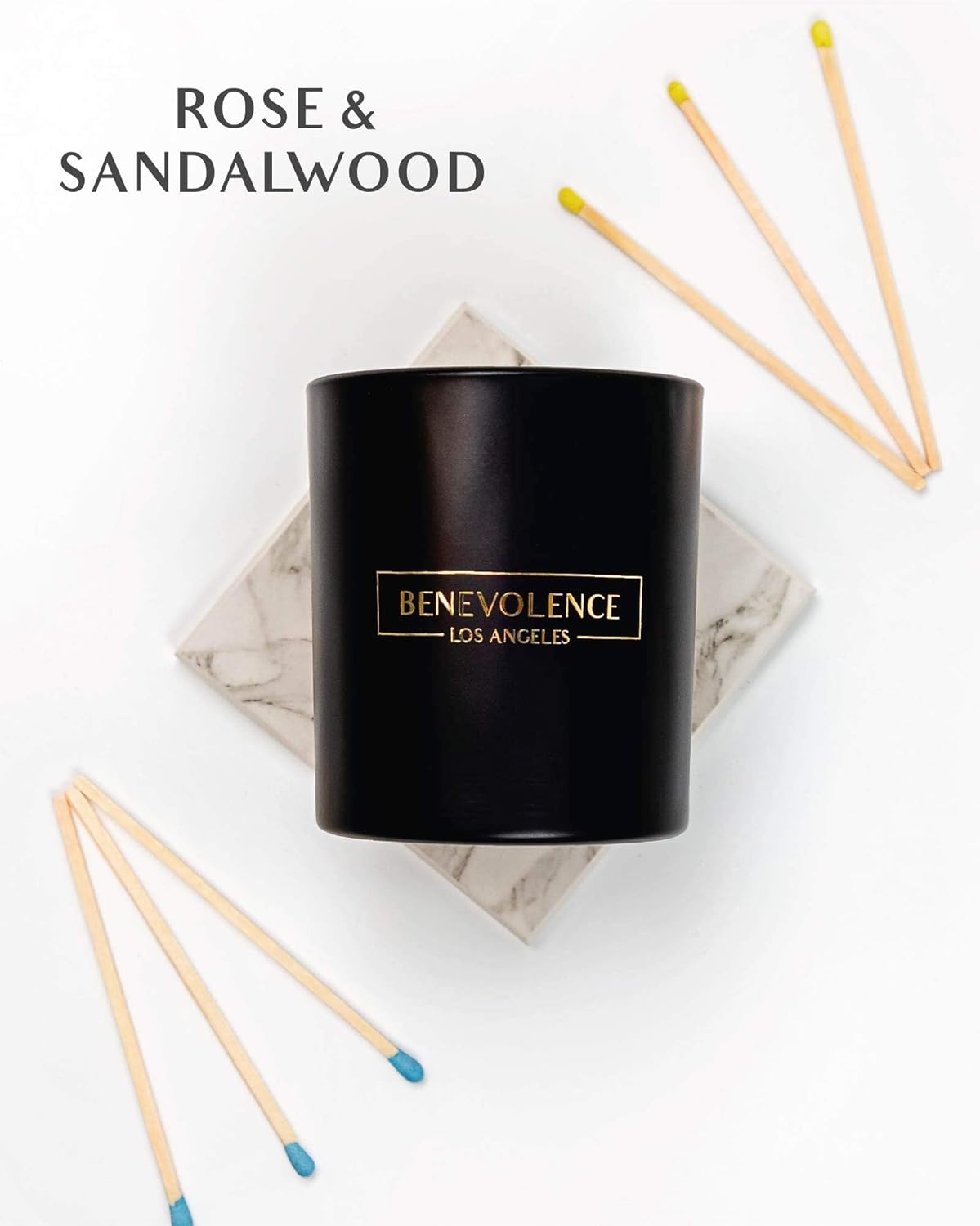 Benevolence LA Rose & Sandalwood Scented Candle | Soy Candles, Black Candle for Home | Gifts for Women and Men | Home Fragrance | Aromatherapy | 8oz, 45 Hour Burn