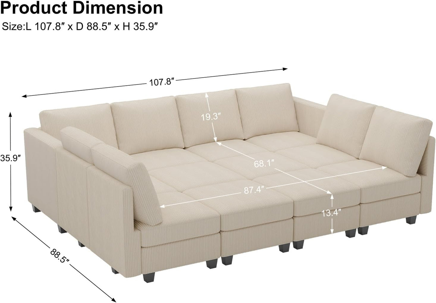 Belffin Oversized 12 Seat Modular Sectional Sleeper Sofa Convertible Sleeper Sofa with Storage Seat Large Corduroy Modular Sectional Couch for Living Room Beige
