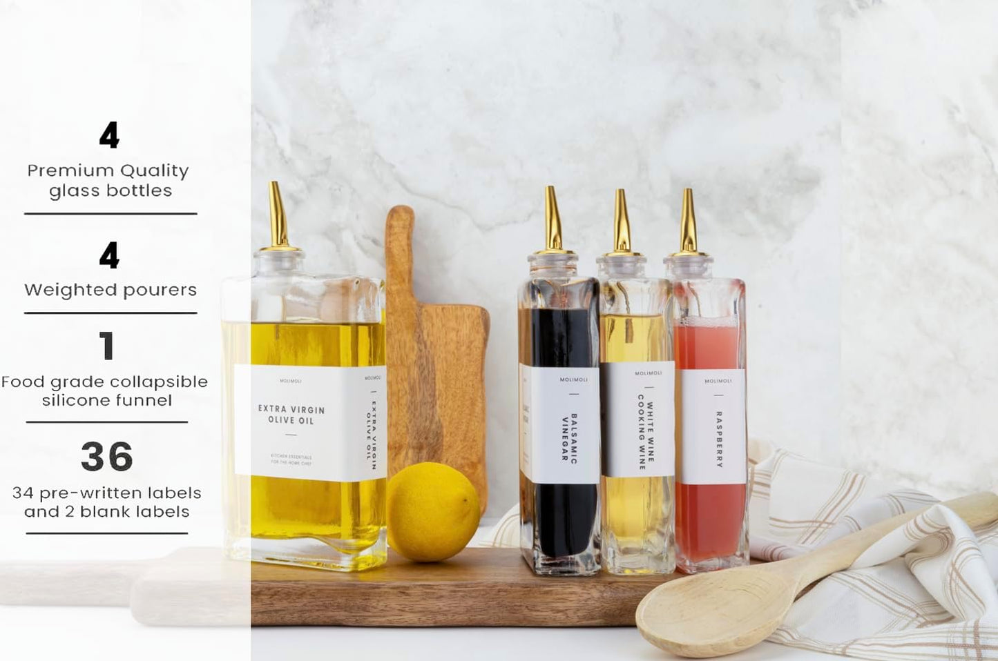 Molimoli Olive Oil Dispenser Bottle for Kitchen, Automatic Pourer, Glass Dispenser for Kitchen, Olive Oil Cruet, | Set of 4 - Gold