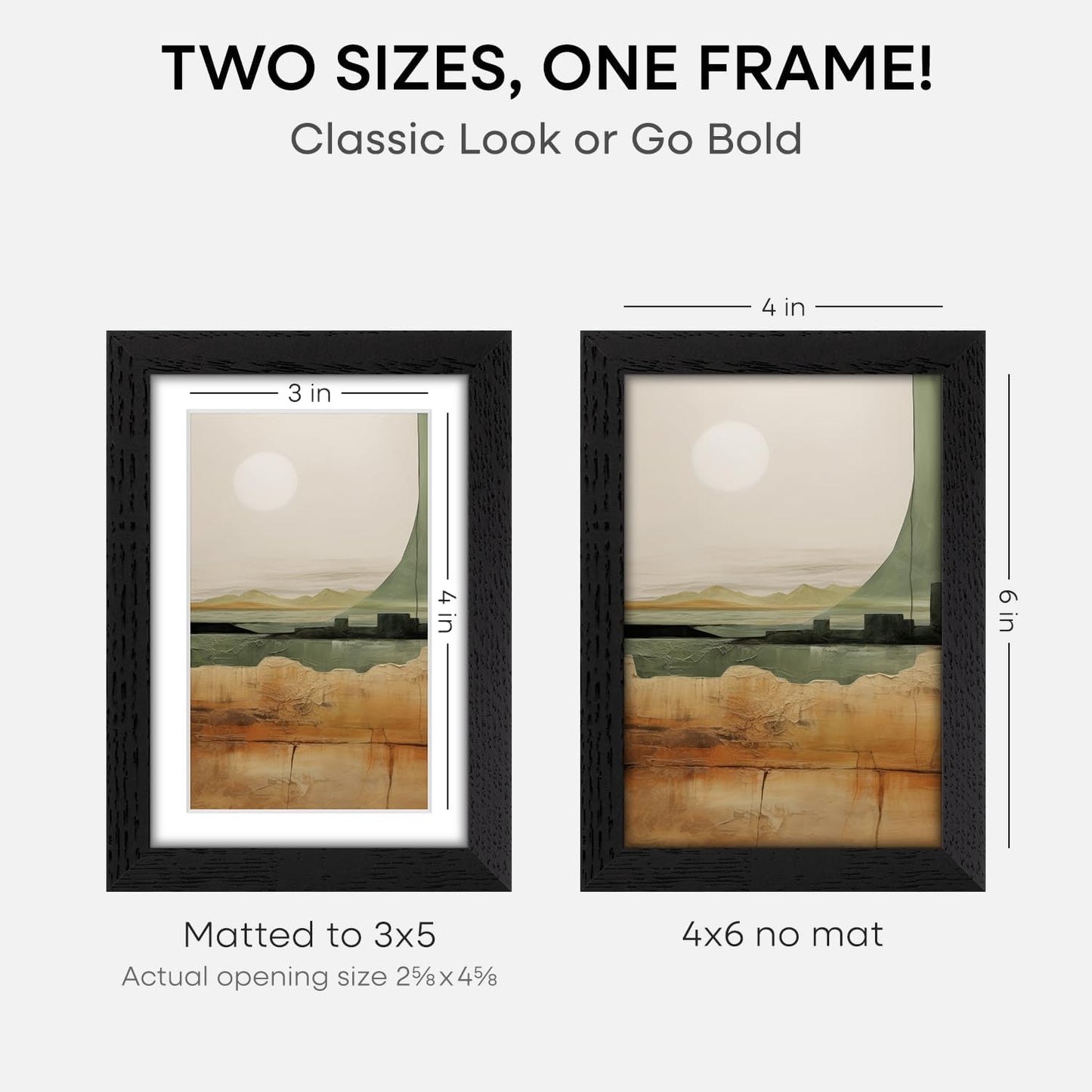Homeforia 4x6 Picture Frame Black Wood, High End Oak 4by6 Black Wooden Frames with Mat 3x5 Print, 4 x 6 Frame Matted to 3 x 5 inch Photo, 6x4 Wall or Tabletop Frame, Tempered Glass, Wall Kit, Set of 1
