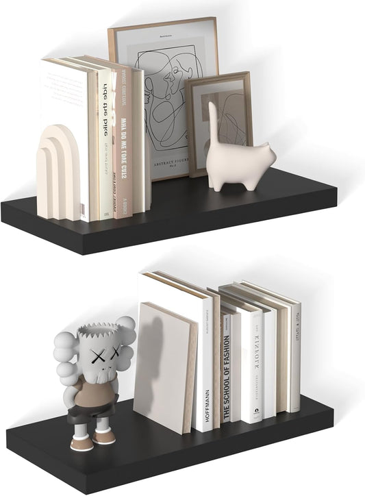 12 Inch Deep Floating Shelves for Wall 2 Pack Floating Shelves Large Storage Space Wall Mount Shelf for Living Room Kitchen Bathroom 24" W x 12" D x 1.2" H Black