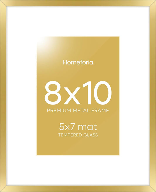 Homeforia 8x10 Picture Frame Gold, High End Metal 8 x 10 Photo Frames with Mat 5 by 7 Art, 10x8 Poster Frame Matted to 5x7 inch Print, 8by10 Wall or Tabletop Frames, Tempered Glass, Wall Kit, Set of 1