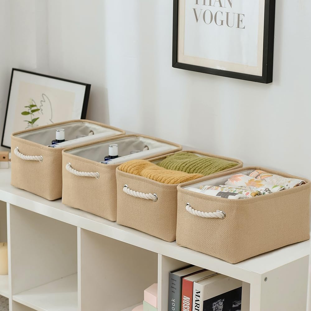 Organization and Storage Basket for Gifts Empty - 16x12x8 inch Large 4 Pack Fabric Storage Cube Collapsible Baskets for Shelves with Handles, Storage Box for Cloth Books Laundry Canvas(Beige)