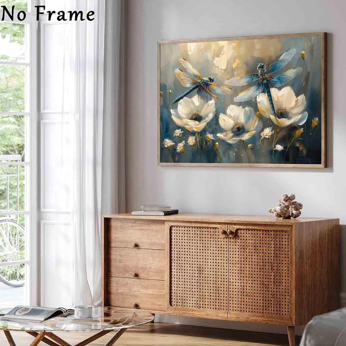 Dragonfly Wall Art White Flower Painting Watercolor Dragonfly Wall Art Watercolor Flower Prints Animal Canvas Plant Picture Insect Pictures Vintage Abstract Living Room Decor 16x24inch No Frame