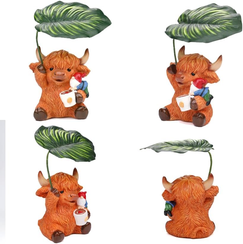 Garden Gnome with Highland Cattle 6.5“ Figurine Ornament for Indoor Outdoor Home Patio Yard Lawn, Red Hat, Blue Outfit, Indoor Outdoor Decorative Statue