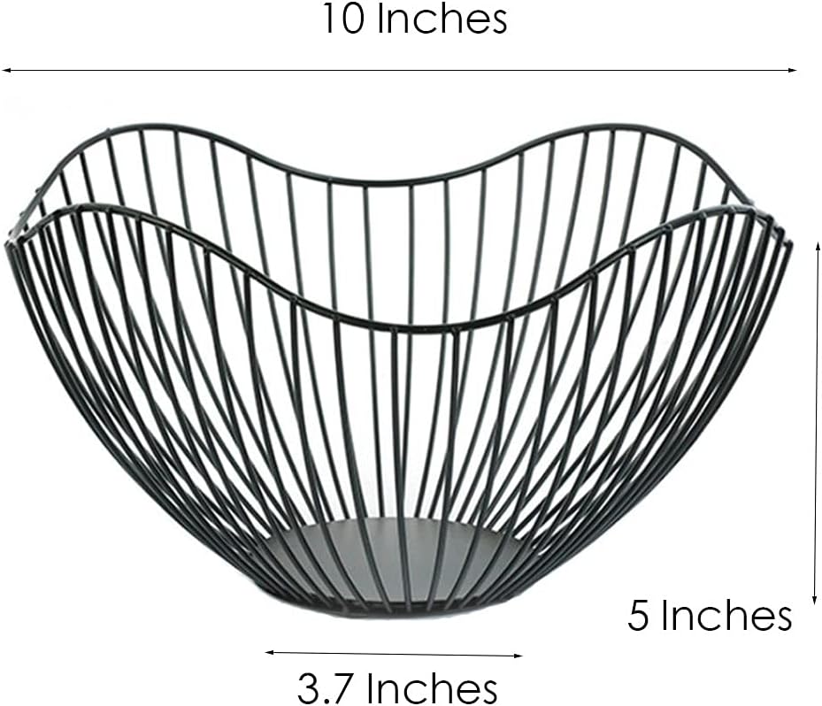 Fruit Basket for Kitchen Counter, 10 Inches Mordern Black Metal Wire Produce Bowl for Fruit Vegetable (Curve)