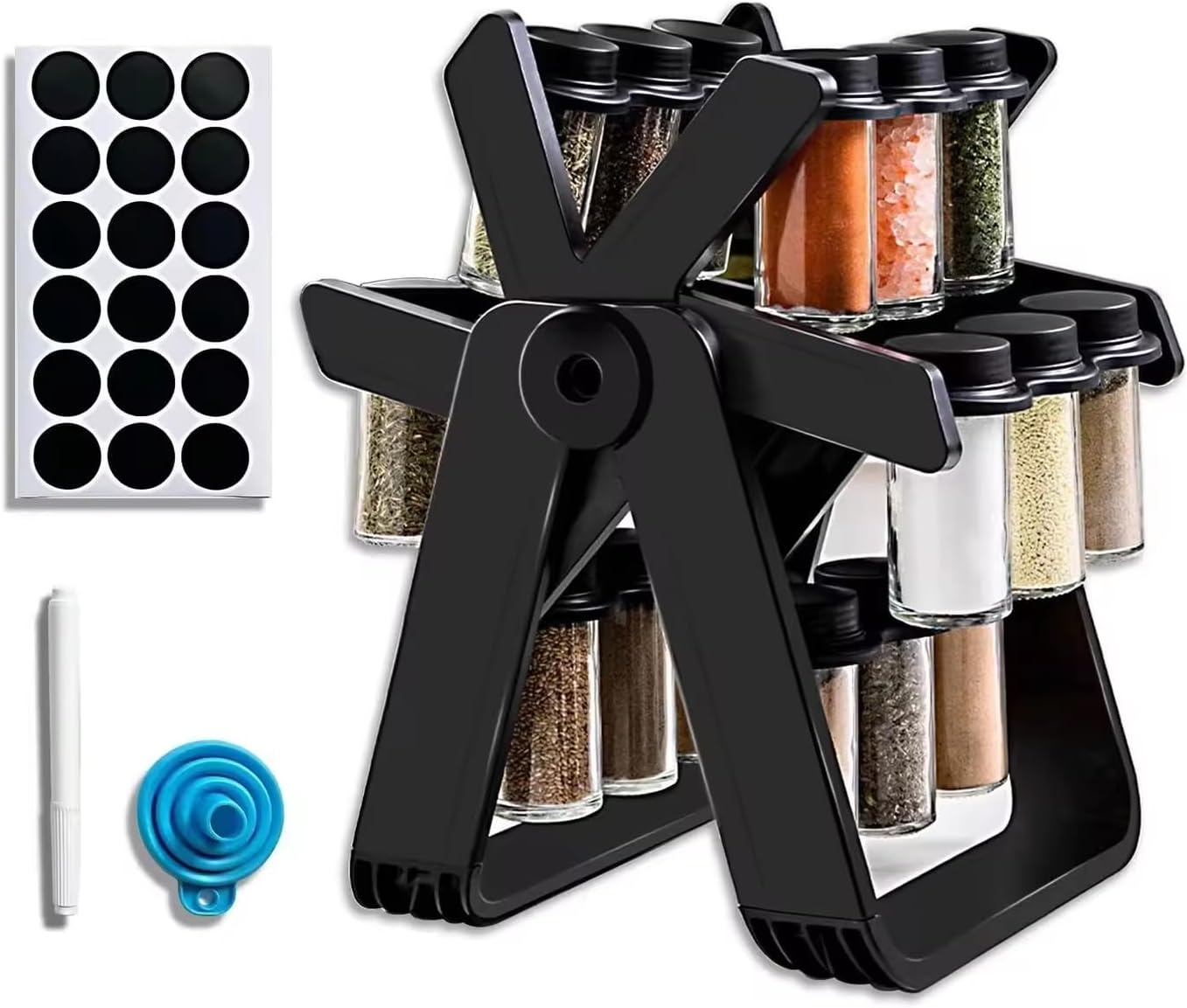 A&K's Rotating Spice Rack Organizer, 18 Glass Jars, 360-Degree Turntable, Black, Comes with Spice Label Stickers, Funnel, and Water Pen. Best for Kitchen Organization, Countertop, Pantry, and Cabinet.