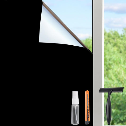 HIDBEA Mirror Blackout Window Film,100% Light Blocking Room Darkening Window Privacy Film,Mirror Glass Window Film Heat Control,Removable Window Cover Tint for Day Sleep(Mirror Black,17.3in x 13.1ft)